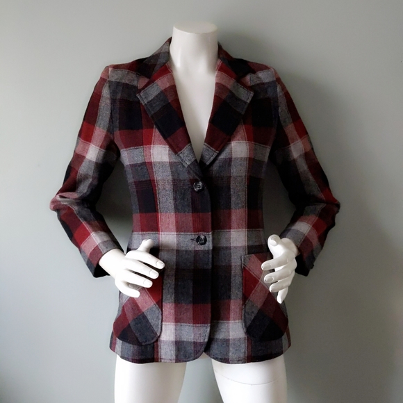 Vintage 70s Ann Stevens Red White Black Plaid Checkered Fitted Blazer XS S